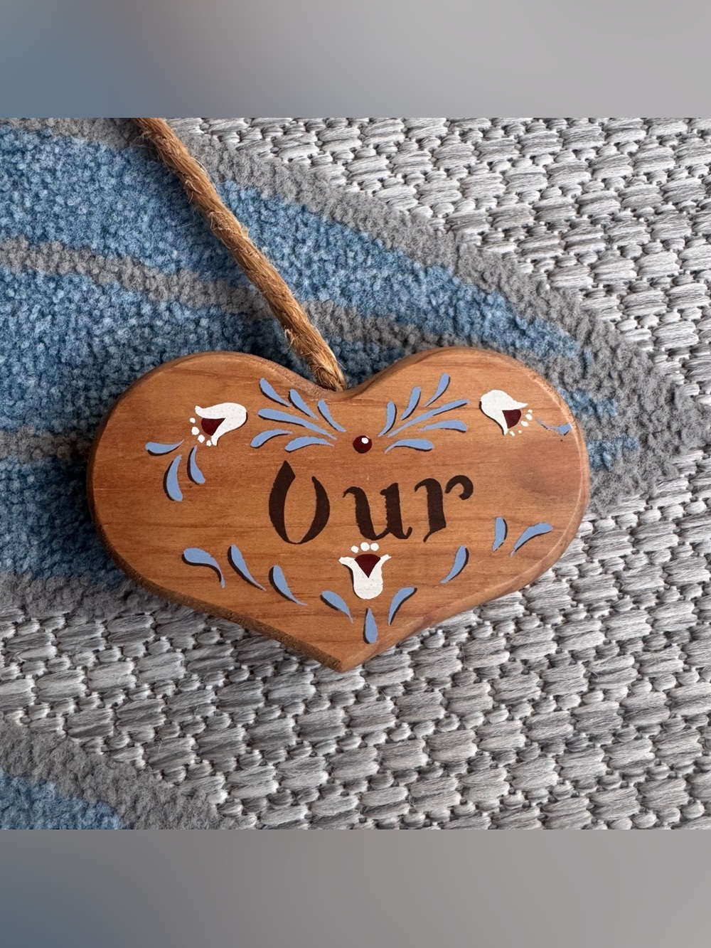 Vintage Country Cottage Wood Twine Heart Hanging Decor "Bless Our Home" Blue 90s - Picture 4 of 5